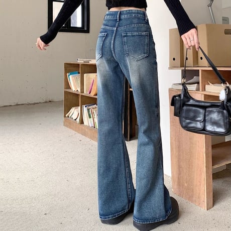 デニムパンツ ブラスト加工 スリム Gパン デニム ドレープ ボトムス ハイウエスト ルーズ パンツ ズボン レトロ 大人可愛い ガーリー カジュアル DTCA-863235522285