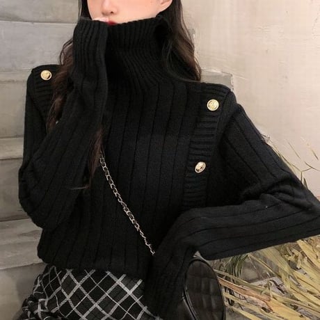 タートルネック リブニット プルオーバー 長袖 ニット レトロ 韓国ファッション レディース 大人可愛い ガーリー カジュアル DTC-656658948625