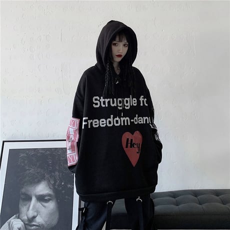 ユニセックス パーカー ハート 英字 袖プリント バックプリント プラスベルベット オーバーサイズ 韓国ファッション 大きめ カジュアル ストリート系 DTC-611075967613_M8-490