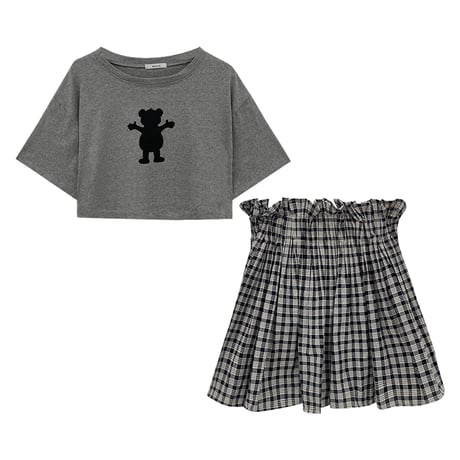 【セットアップ】 クロップド丈Tシャツ ＋ チェック柄 プリーツスカート 韓国ファッション レディース 2点セット 半袖 トップス ミニスカート ハイウエスト DTC-619171525060