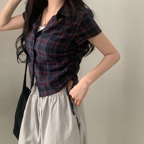 チェック柄シャツ サイドシャーリング トップス ショート丈 ドローストリング ドロスト チェックシャツ 半袖 レトロ 大人可愛い ガーリー カジュアル トレンド DTCA-925867914003