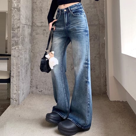 デニムパンツ ブラスト加工 スリム Gパン デニム ドレープ ボトムス ハイウエスト ルーズ パンツ ズボン レトロ 大人可愛い ガーリー カジュアル DTCA-863235522285