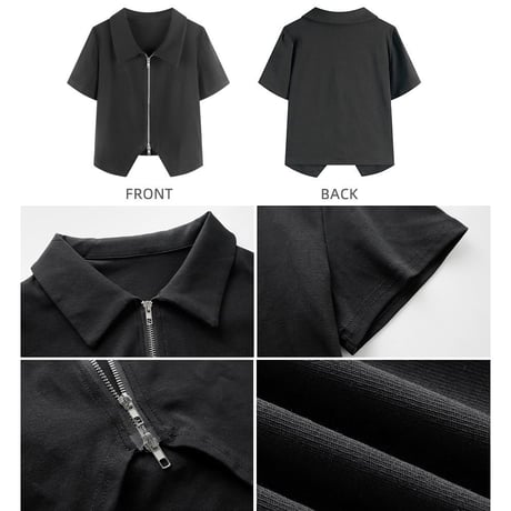 ダブルジップ トップス クロップド丈 半袖 Tシャツ へそ出し ポロトップス ポロ襟 レトロ 大人可愛い ガーリー カジュアル 韓国ファッション レディース DTC-710355440327