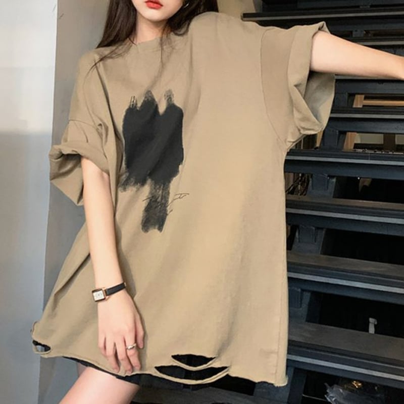 Tシャツ クラッシュ加工 オーバーサイズ ルーズ ダメージ加工 半袖