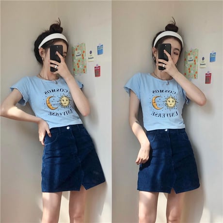 Tシャツ 半袖 袖切りっぱなし ショート丈 月と太陽 ブルー カジュアル レトロ  韓国ファッション レディース 大人可愛い ガーリー DTC-614247121002_bl