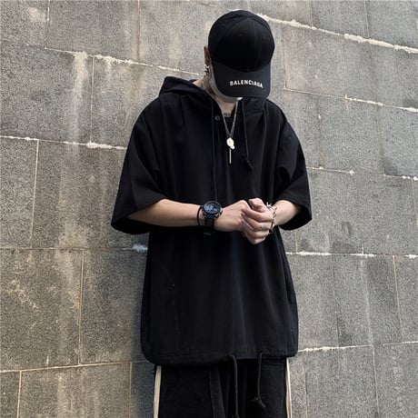 ユニセックス 半袖 パーカー メンズ レディース プルオーバー 無地 オーバーサイズ 大きいサイズ ルーズ ストリート TBN-614449910322