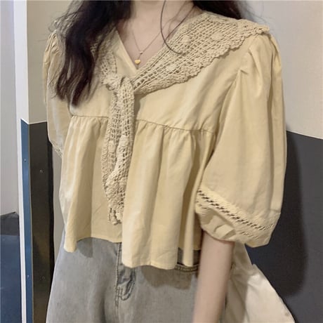 ブラウス レースショール Vネック トップス 韓国ファッション レディース ゆったり カットソー パフ袖 無地 大人可愛い ガーリー フェミニン DTC-621521099429