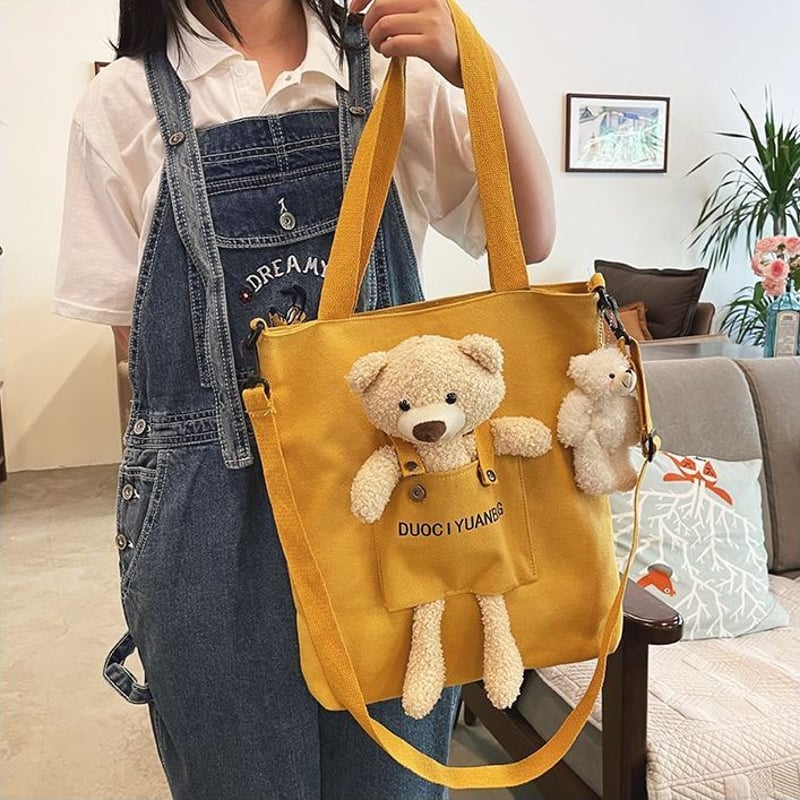 ぬいぐるみ付き トートバッグ 大容量 オールシーズン 帆布バッグ ぬいぐるみ付き トートバッグ 大容量 オールシーズン 帆布バッグ