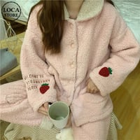 【ルームウェア】 パジャマ セットアップ トップス + パンツ ボア フリース 長袖 いちごパッチ 上下セット 長袖 韓国ファッション レディース スモールラペル 629119066976