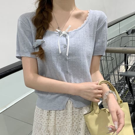 ニット tシャツ リボン レース ショート丈 薄手 スクエアネック トップス スリムフィット タイトフィット 半袖 レトロ 大人可愛い ガーリー DTCA-927556917788