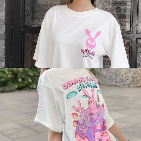 ユニセックス Tシャツ CandyLand ウサギ ラビット 半袖 オーバーサイズ カジュアル 韓国ファッション メンズ レディース 韓国ストリートファッション DTC-621904503716