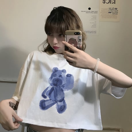 クロップドTシャツ 半袖 クマプリント ラウンドネック クロップド丈 韓国ファッション レディース Tシャツ ショート丈 カジュアル ストリートファッション DTC-622776901664