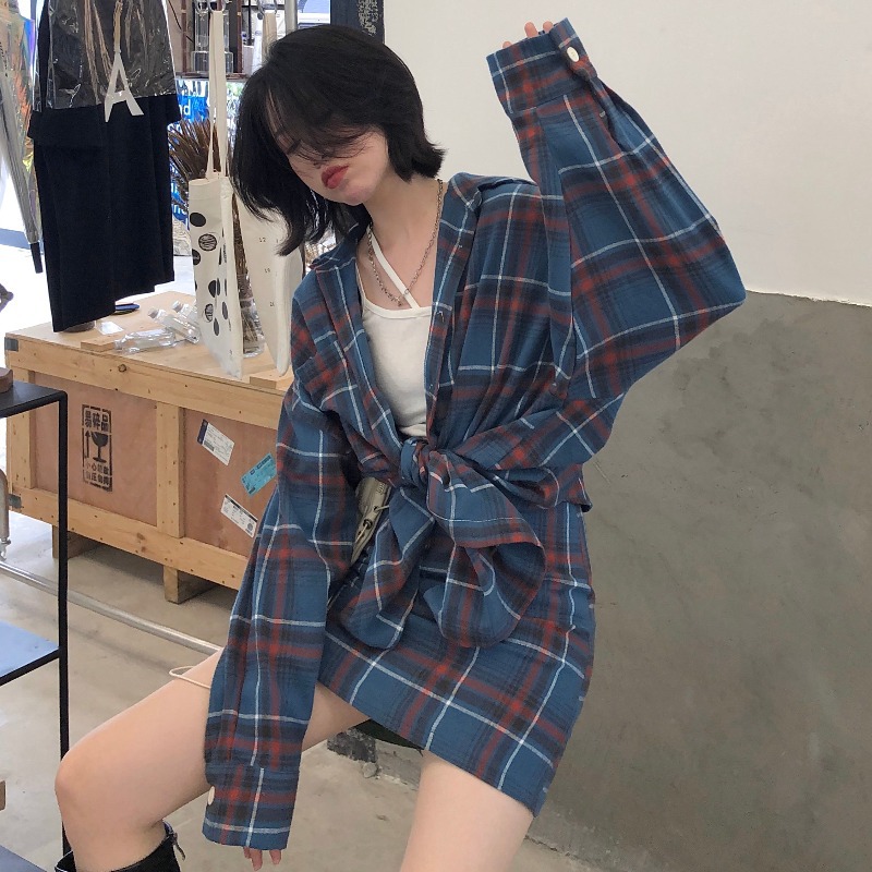 韓国 レトロ ウールタッチ チェック シャツ トレンド セットアップ チェックシャツ + チェックスカート 韓国