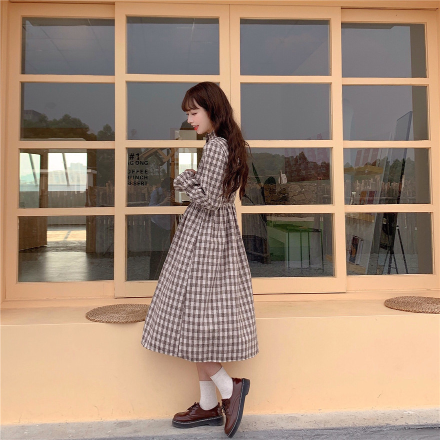 【韓国ファッション】ワンピース チェック柄 ハイウエスト 長袖 チェック柄 ワンピース ミモレ丈 長袖 韓国ファッション