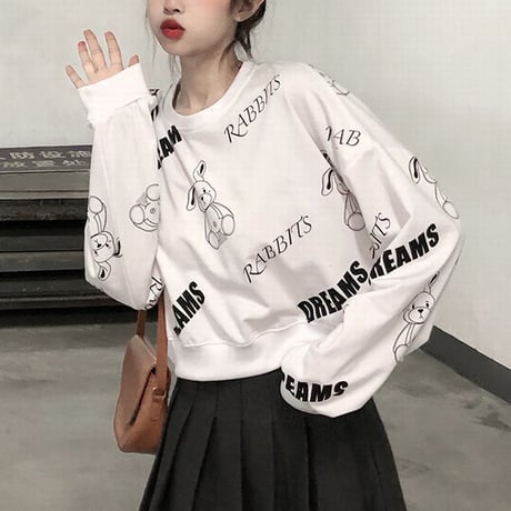トレーナー うさぎ ラビット ショート丈 ルーズ 長袖 トップス クロップド丈 韓国ファッション レディース ガーリー カジュアル ストリートファッション DTC-652576796234