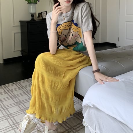 単品購入可 セットアップ ニットTシャツ 半袖 ロングスカート シャーリング ギャザー レトロ 韓国ファッション レディース 大人可愛い ガーリー カジュアル DTC-712098002737