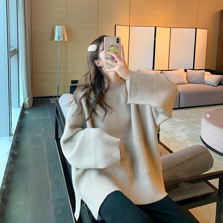 【選べる5カラー】セーター 袖ボリューム 韓国ファッション レディース ニット ウール ラウンドネック シンプル ガーリー カジュアル (DTC-606691751341_01)