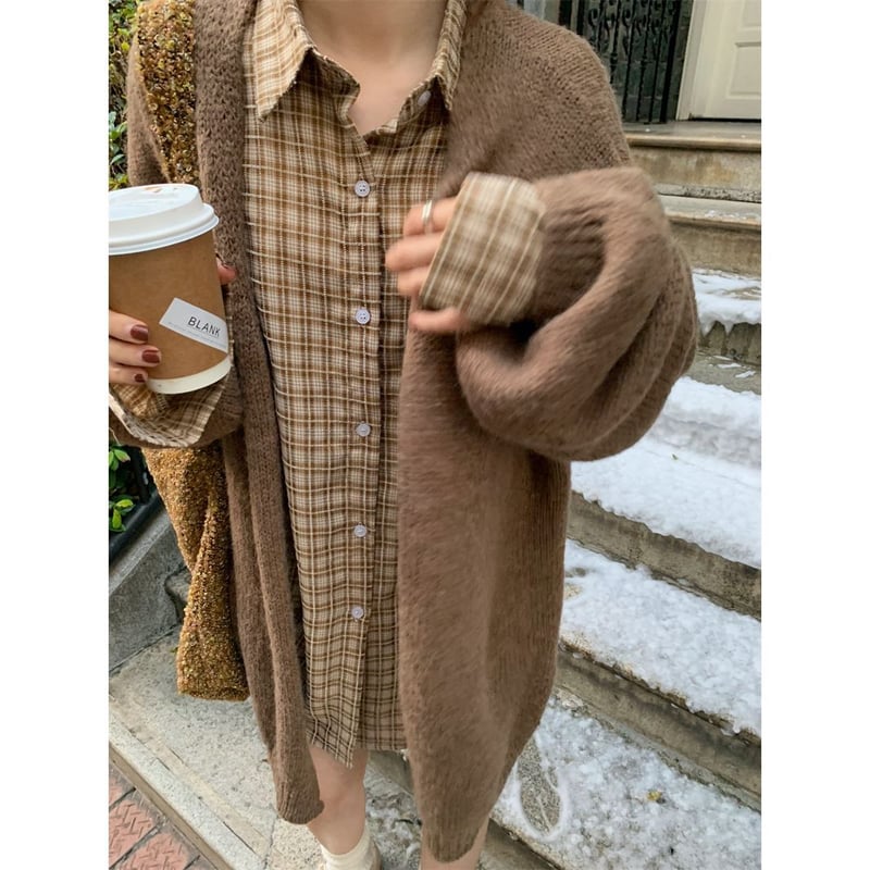 セット商品 チェックシャツ カーディガン ランタンスリーブ ニット