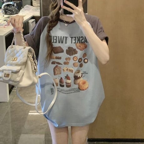 Tシャツ 半袖 グラフィックプリント バイカラー トップス 半袖Tシャツ クルーネック オーバーサイズ ルーズ ゆったり カジュアル 韓国ファッション レディース DTC-714620878650
