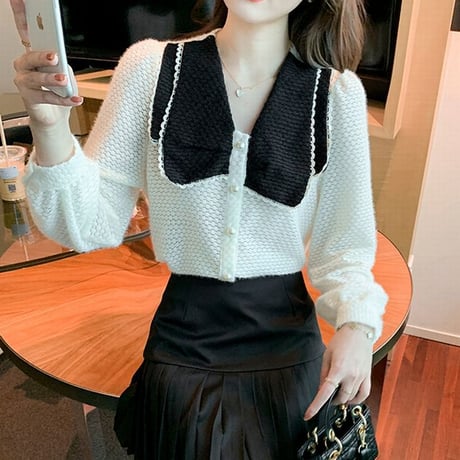 レースブラウス 大きい襟 配色 長袖 ブラウス レース ルーズ レトロ 韓国ファッション レディース 大人可愛い ガーリー フェミニン DTC-664823114520