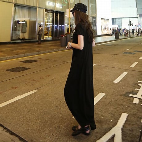 Tシャツワンピース マキシ丈 ワンピース 半袖 大きいポケット ゆったりウエスト ロング丈 半袖 ルーズ レトロ 韓国ファッション レディース 大人可愛い ガーリー DCT-705893648998