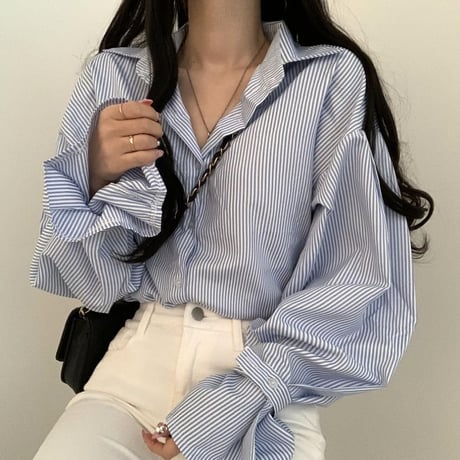 ストライプ柄 ブラウス パフスリーブ 袖ベルト シャツ トップス ルーズ 長袖 レトロ 韓国ファッション レディース 大人可愛い ガーリー DTCA-781970734875