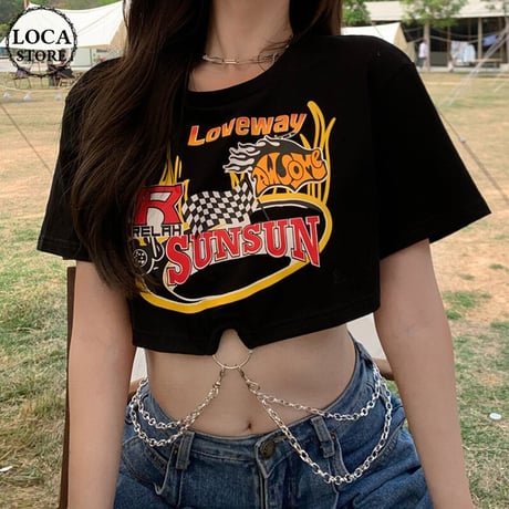クロップド丈 Tシャツ トップス へそ出し チェーン付き 半袖 ルーズ カットソー ショート丈 韓国ファッション レディース 大人可愛い ガーリー カジュアル DTC-643229484723