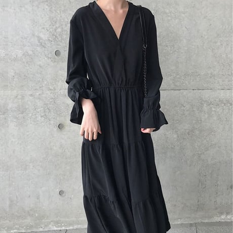 ティアードワンピース Vネック ロング丈 ハイウエスト 長袖 韓国ファッション レディース ミニワンピース 大人可愛い ガーリー フェミニン DTC-652647299876