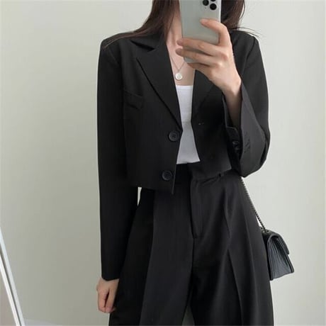 セットアップ 2点セット ショートジャケット ワイドパンツ ショート丈 テーラードジャケット タックパンツ パンツスーツ 長袖 レトロ 大人可愛い DTCA-740940979194
