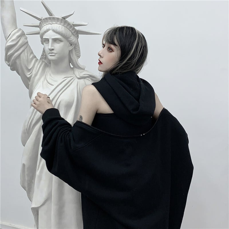 ニ*ン様 d.i.a オフショルダー パーカー 黒 2way パーカー ショルダージップ オフショルダー オーバーサイズ