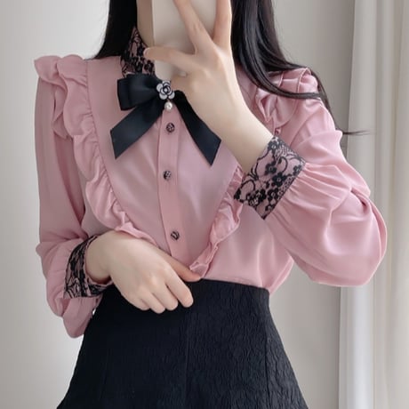 フリルブラウス ブローチ リボン フリル レース ブラウス 長袖 韓国ファッション レディース レトロ 大人可愛い ガーリー フェミニン DTC-654870022966