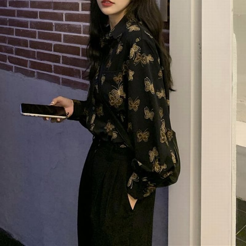 バタフライ柄 シャツ 蝶々 ブラウス 長袖 柄シャツ トップス