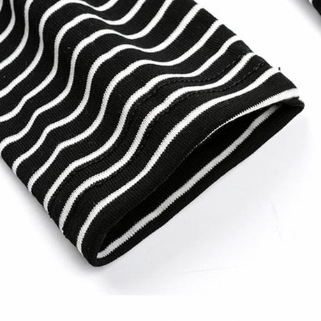 ストライプ スリムフィット カットソー ハイネック 韓国ファッション レディース 起毛 タートルネック タイト 長袖 Tシャツ レトロ (DTC-608574695103)