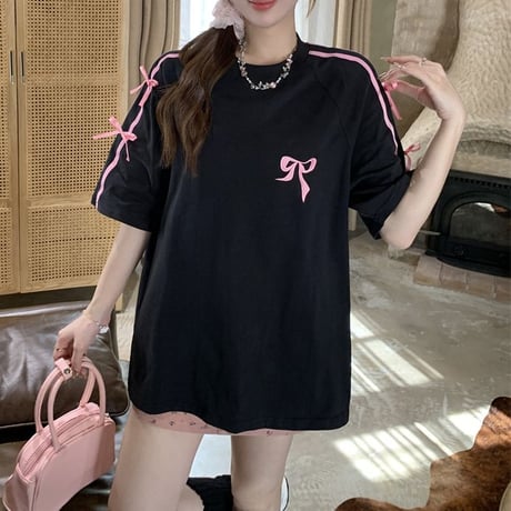 Tシャツ 刺繍 リボン 袖ライン オーバーサイズ クルーネック トップス 半袖 レトロ 韓国ファッション レディース 大人可愛い ガーリー DTC-789279670813