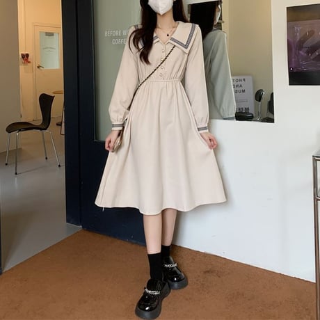 襟付き ワンピース フロントボタン ロング丈 ウエストゴム 長袖 ハイウエスト レトロ 韓国ファッション レディース 大人可愛い ガーリー DTC-657688440052