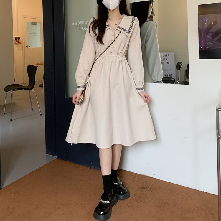襟付き ワンピース フロントボタン ロング丈 ウエストゴム 長袖 襟付き ワンピース フロントボタン ロング丈 ウエストゴム 長袖