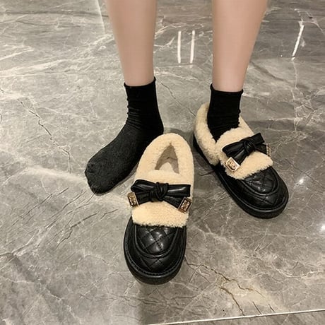 ファーシューズ リボン 22.5～25.0cm ローファー フラット フェイクファー もこもこ 歩きやすい おしゃれ 疲れない ガーリー DTC-661269724427
