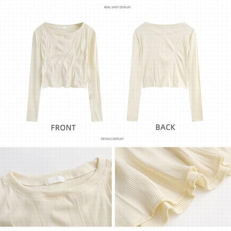 メローフリル tシャツ トップス シワ加工 ワッシャー加工 ショート丈 リブトップス プルオーバー 長袖 レトロ 韓国ファッション レディース 大人可愛い ガーリー DTC-666713265545