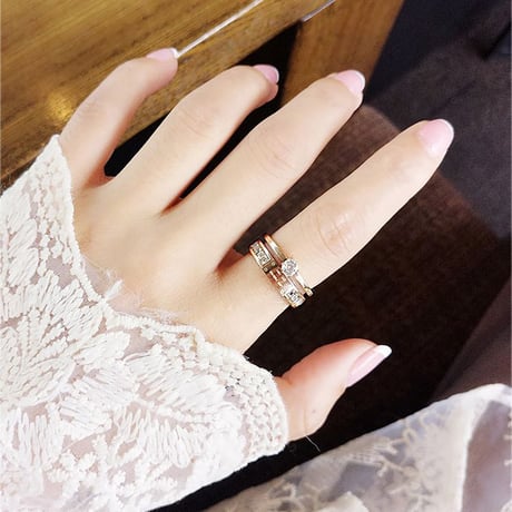 リング 指輪 金属アレルギー対応 2連リング CZ ローズゴールド アクセサリー シンプル チタンスチール316L DTC-571214294981