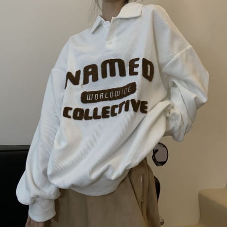 コーデュロイ トップス プルオーバー 襟付き ボアロゴ 長袖 レトロ 韓国ファッション レディース カジュアル ストリート系ファッション DTC-656796001733