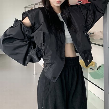 ミリタリー風 ブルゾン ジャンパー ショルダージップ バックプリント ルーズ 大人可愛い ガーリー カジュアル 韓国ファッション レディース ストリートファッション DTC-682381083902