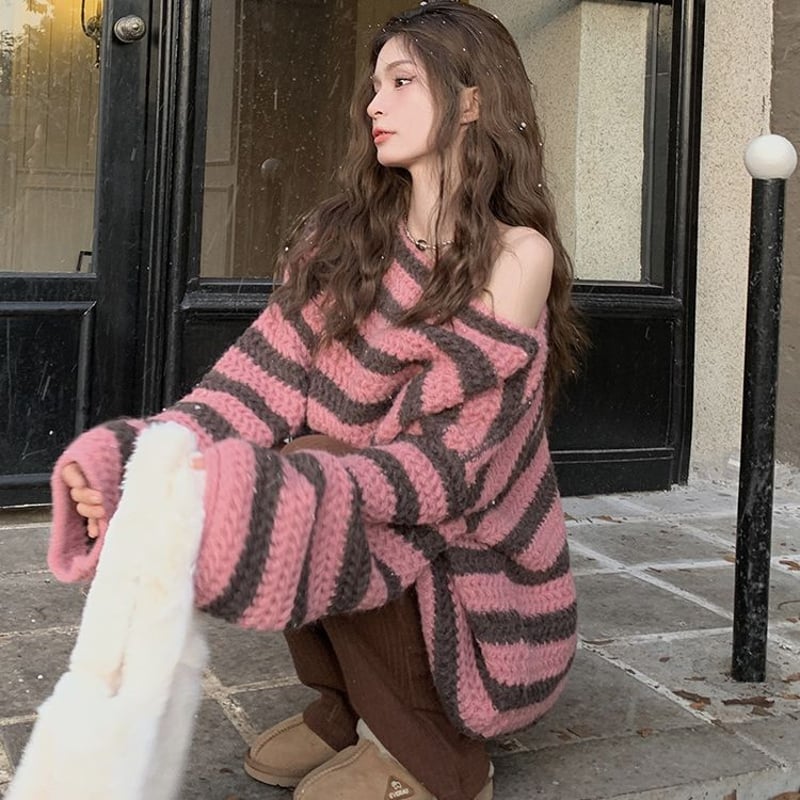 ボーダーニット ざっくり編み ワンショルダー プルオーバー ボーダー柄