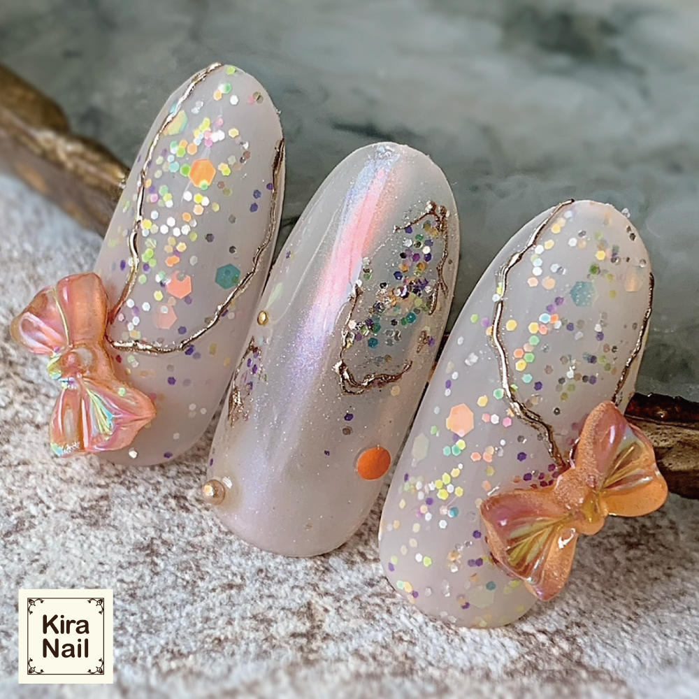 ハンドメイド ♡ ネイルパーツ ♡ No.20 リボン パープル ミント ハンド/押し花/ショート/パープル/ジェルネイル - MayumiUsuiの