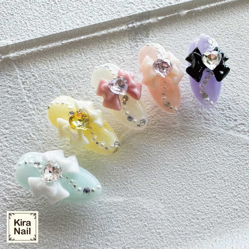 JNA ピンバッチ リボン型　プロネイル用 KiraNail ハートインミニョンリボン 3個入 | Kira Nail