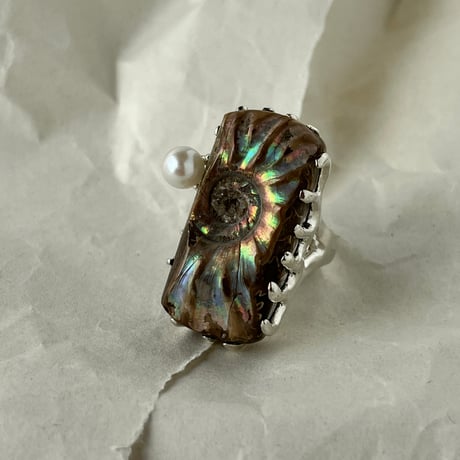 虹色に輝くアンモナイトに宝石アンモライトを埋め込んで作ったアンモナイト象嵌 虹色に輝くアンモナイトに宝石アンモライトを埋め込んで作った