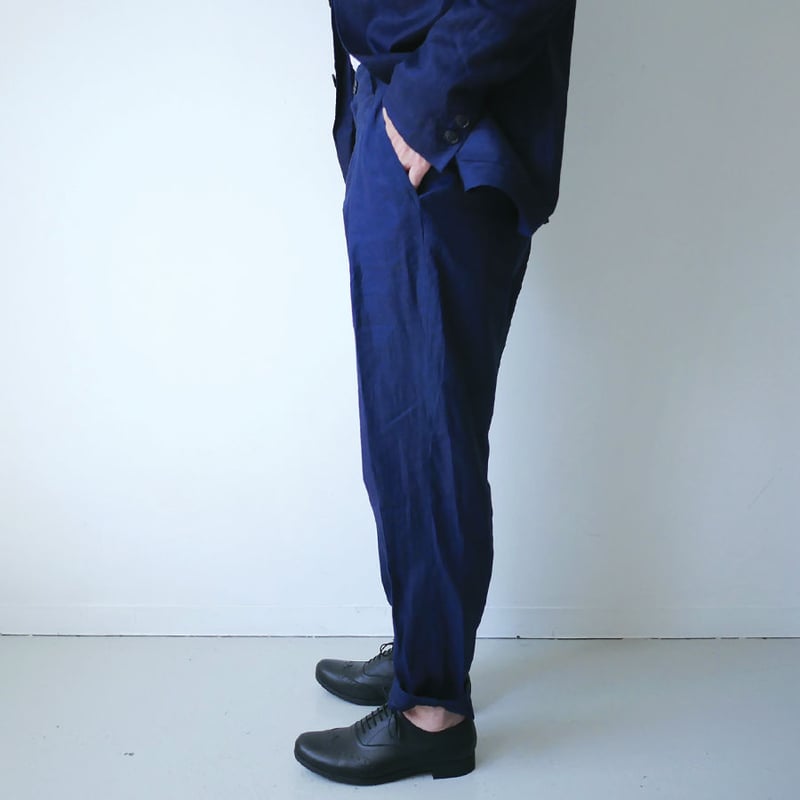 リネン ネイビー カジュアルパンツ コットンリネン ギャザーワイドパンツ（ネイビー） – cholon