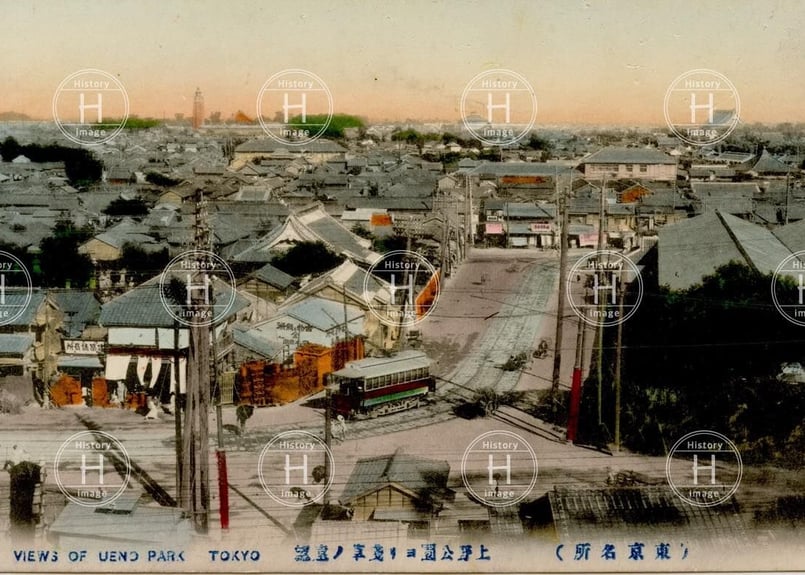 東京・上野公園より浅草の遠望・凌雲閣・電車 1907年〜1918年