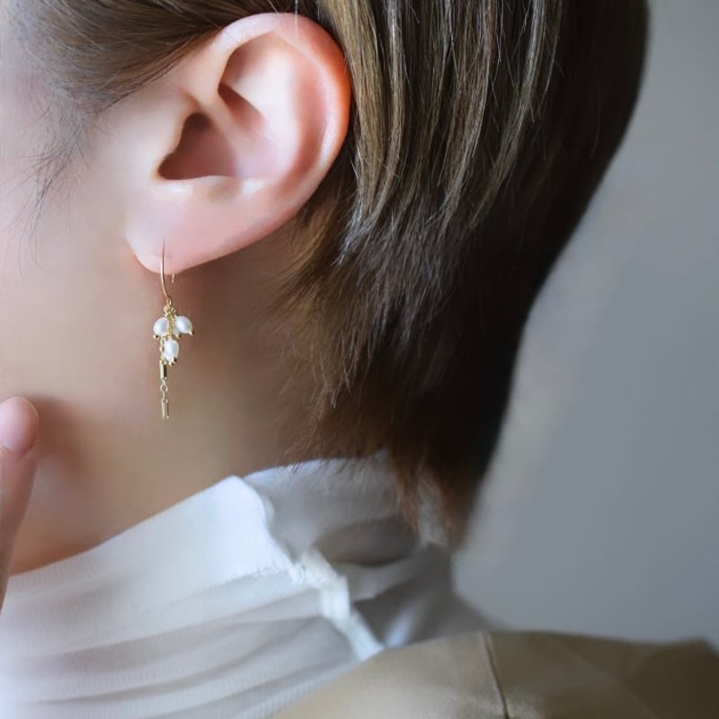 ★専用です　14kgf  淡水ライスパールのロングピアス 14kgf ライスパールとデザインチェーンのピアス | gran