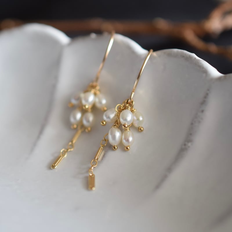 14kgf ライスパールとデザインチェーンのピアス | gran