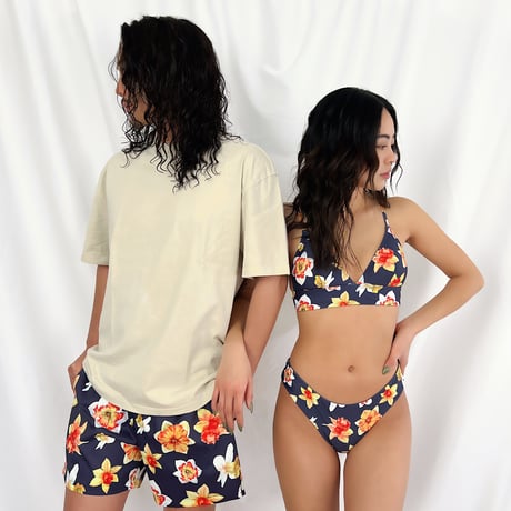 orange flower board shorts